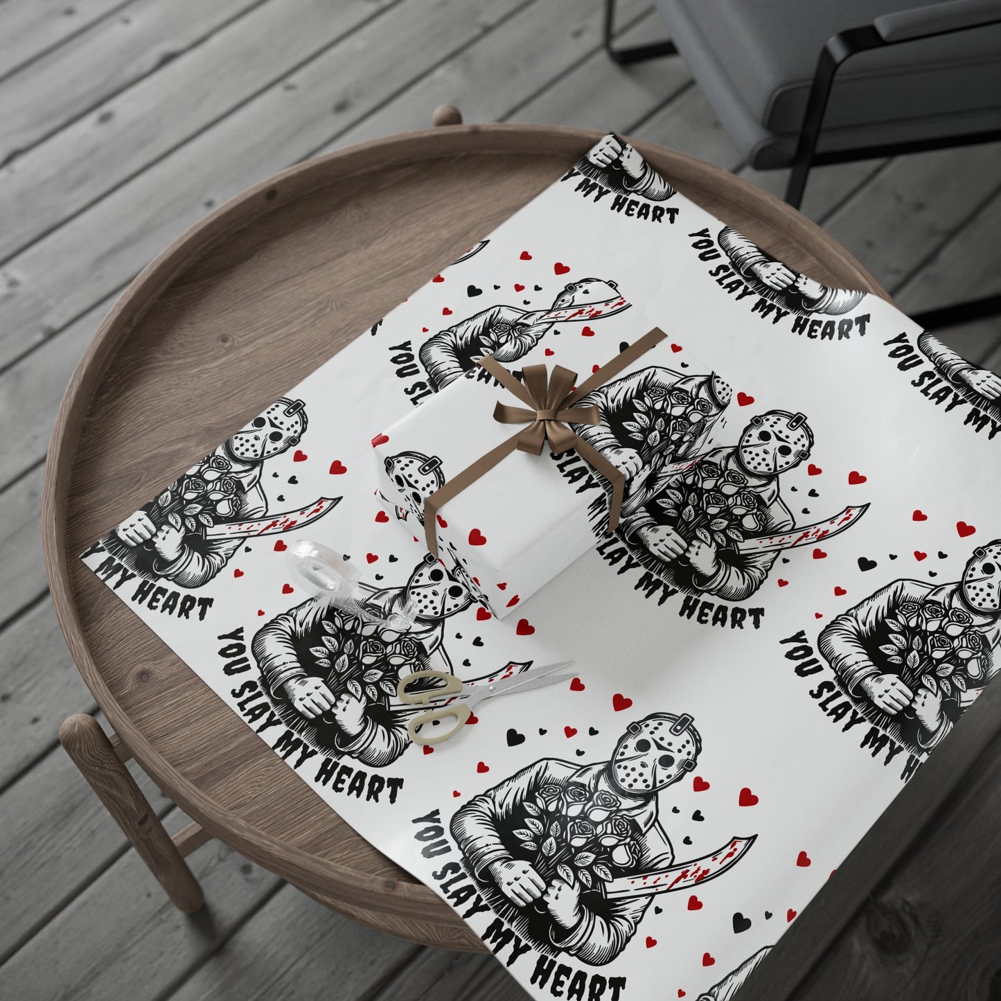 Horror Valentine Wrapping Paper — "You Slay My Heart" Pattern