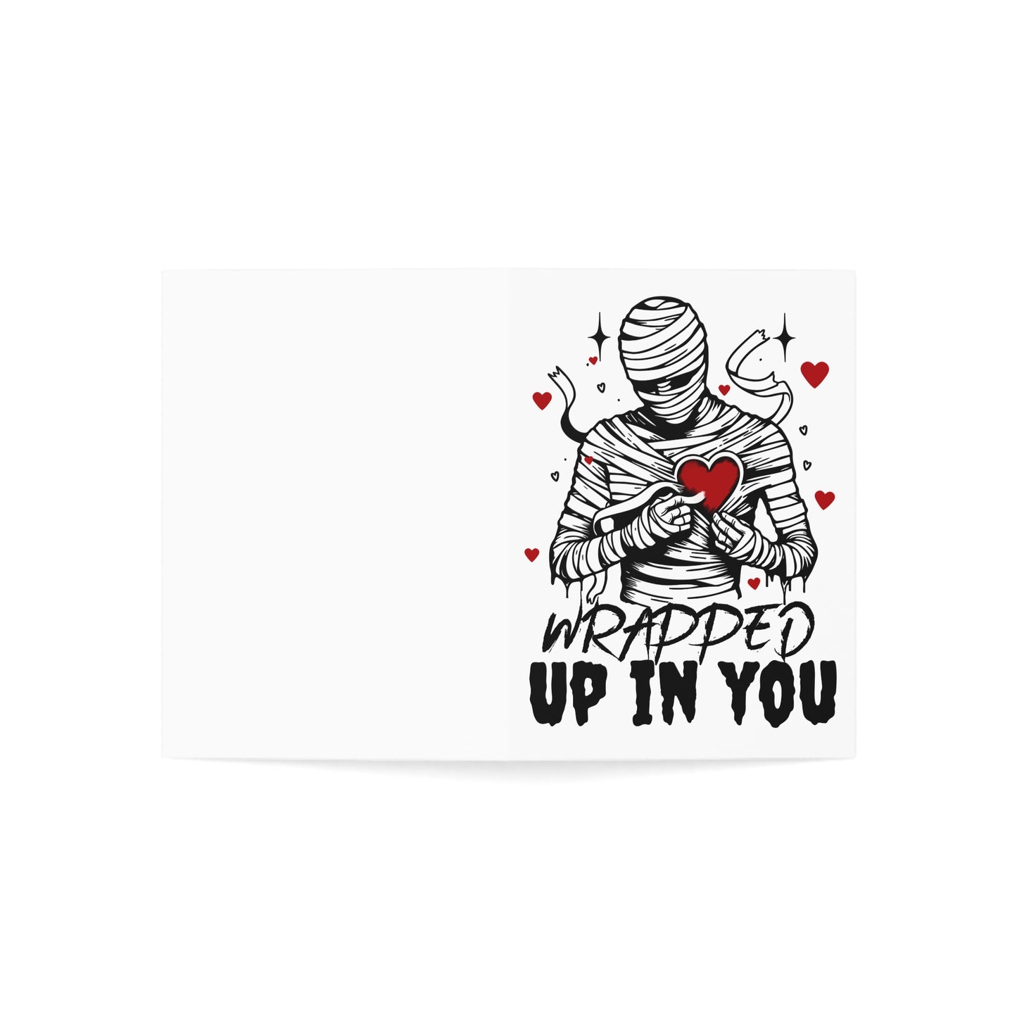 Wrapped Up In You Greeting Card — Mummy Holding Heart Valentine Card