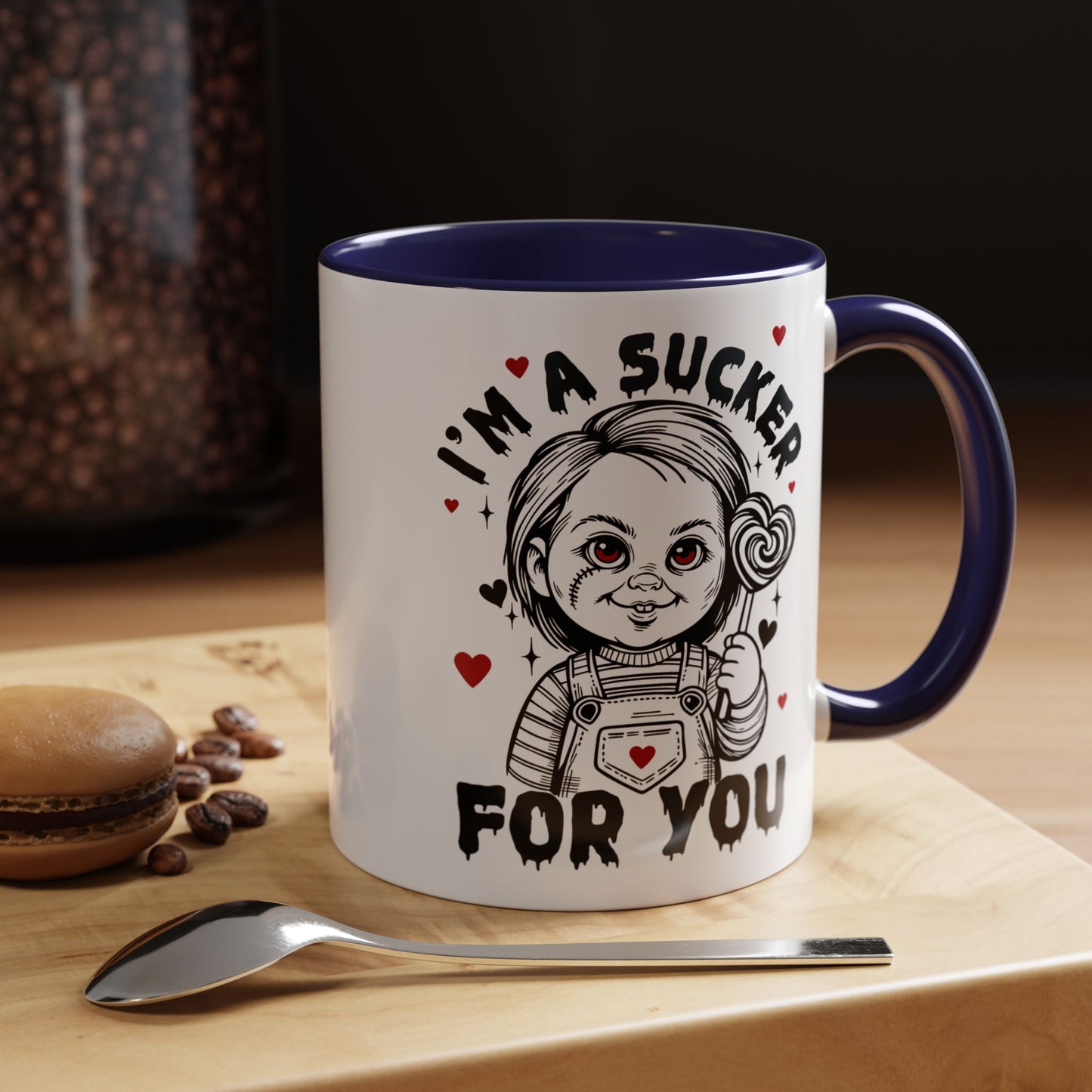 Coffee Mug — "I'm a Sucker For You" Cute Creepy Doll Valentine Accent Mug