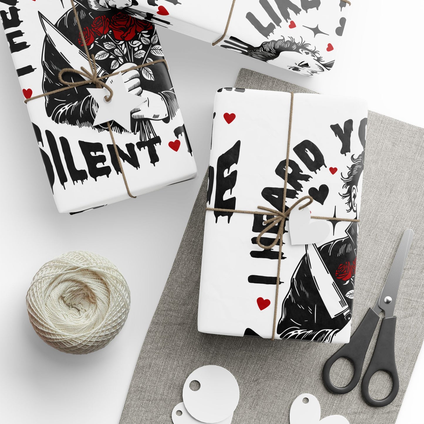 Horror Movie Wrapping Paper — “I Heard You Like the Silent Type” Pattern