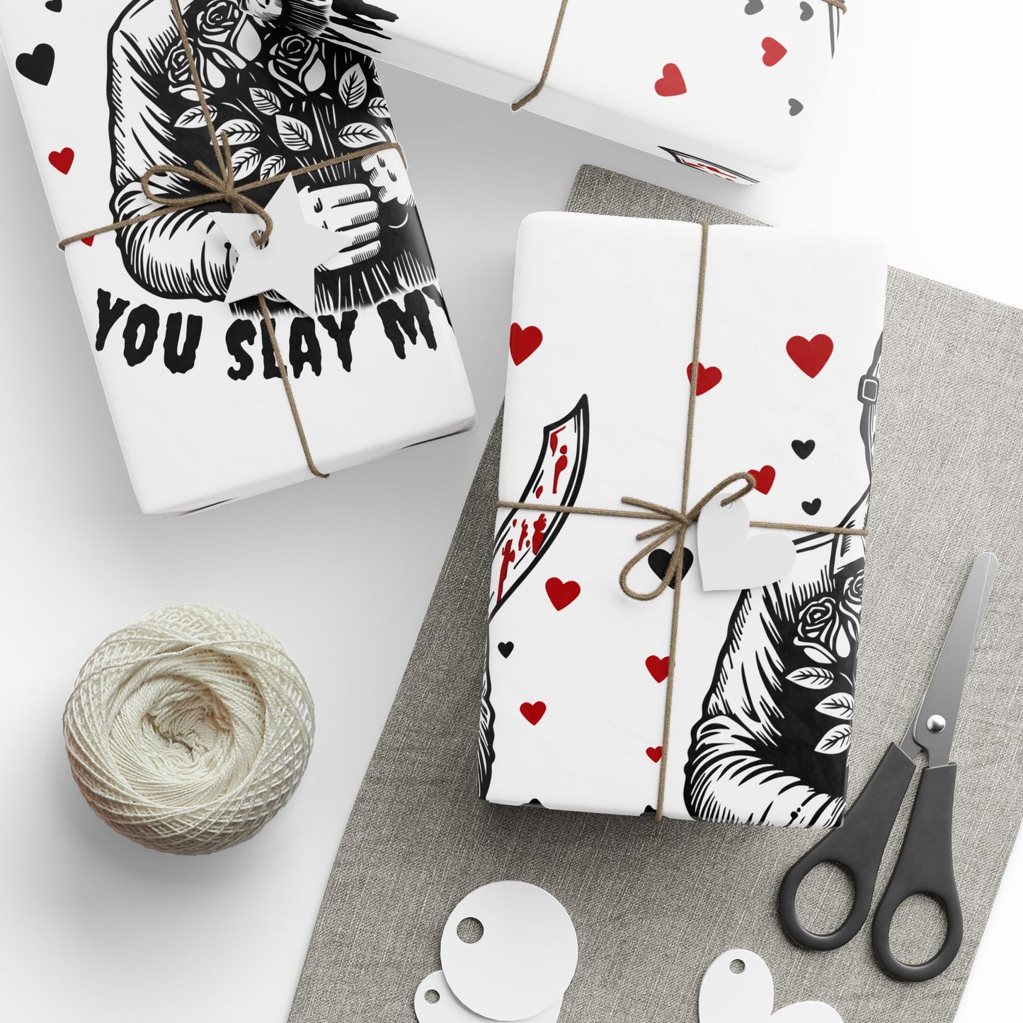 Horror Valentine Wrapping Paper — "You Slay My Heart" Pattern