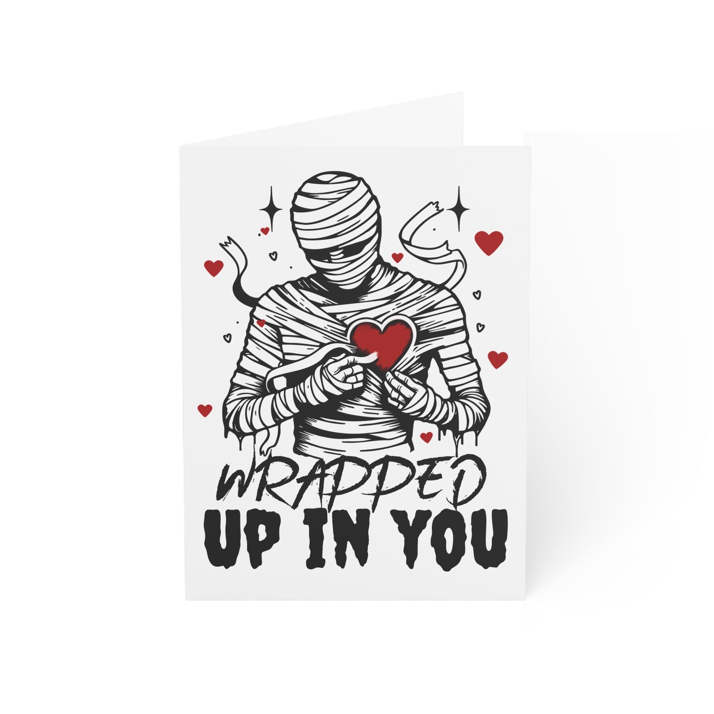 Wrapped Up In You Greeting Card — Mummy Holding Heart Valentine Card