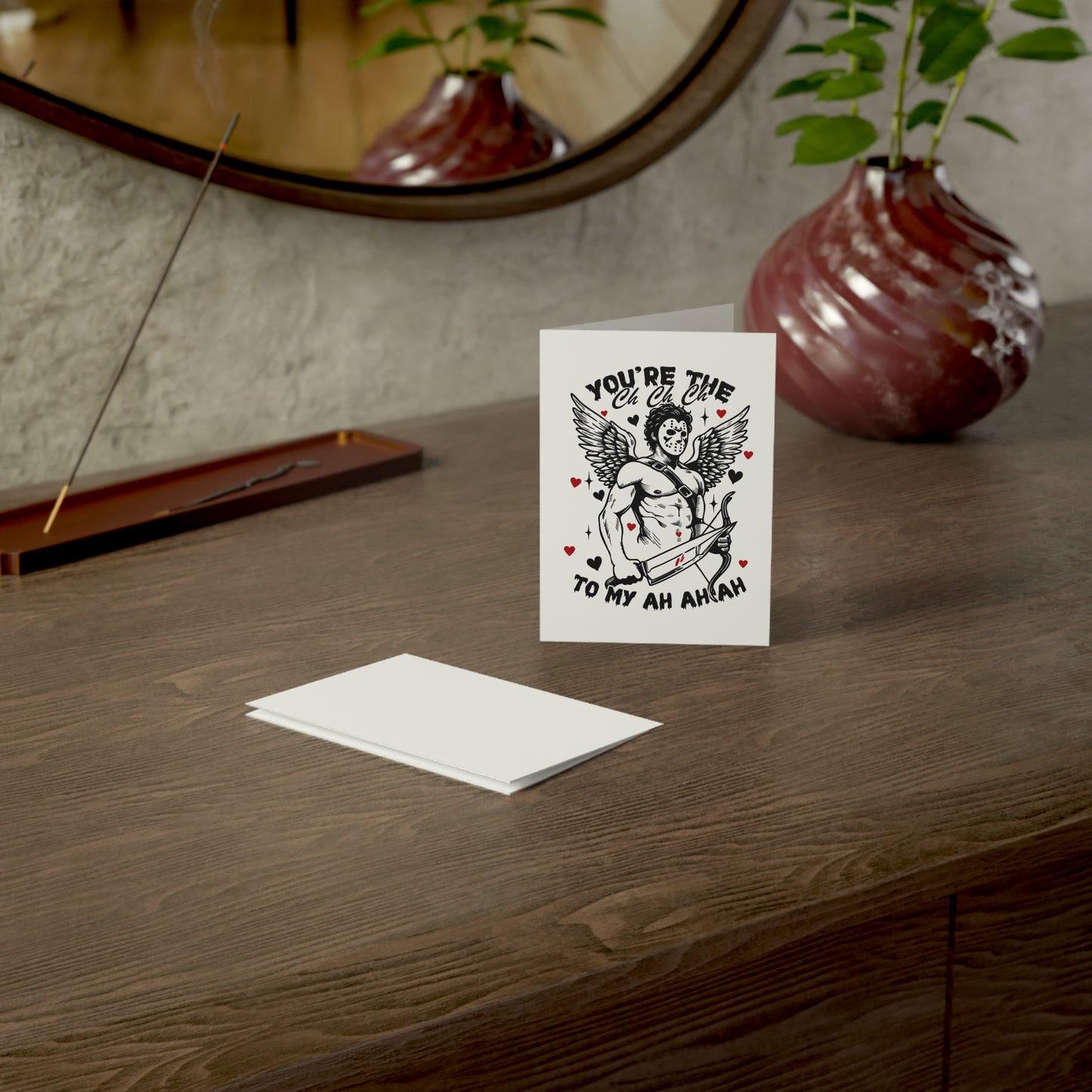 Greeting Card — Funny Horror Cupid Design “You’re the Ch Ch Ch to My Ah Ah Ah” — Valentine’s Day Love Card