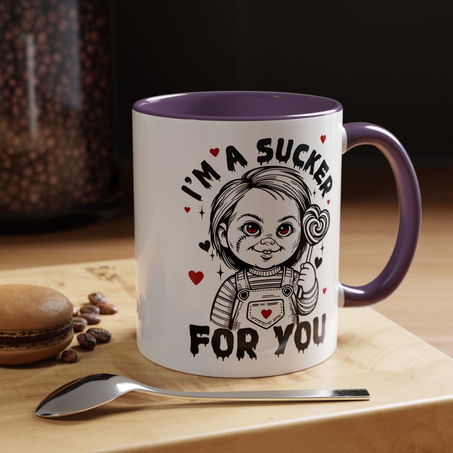 Coffee Mug — "I'm a Sucker For You" Cute Creepy Doll Valentine Accent Mug