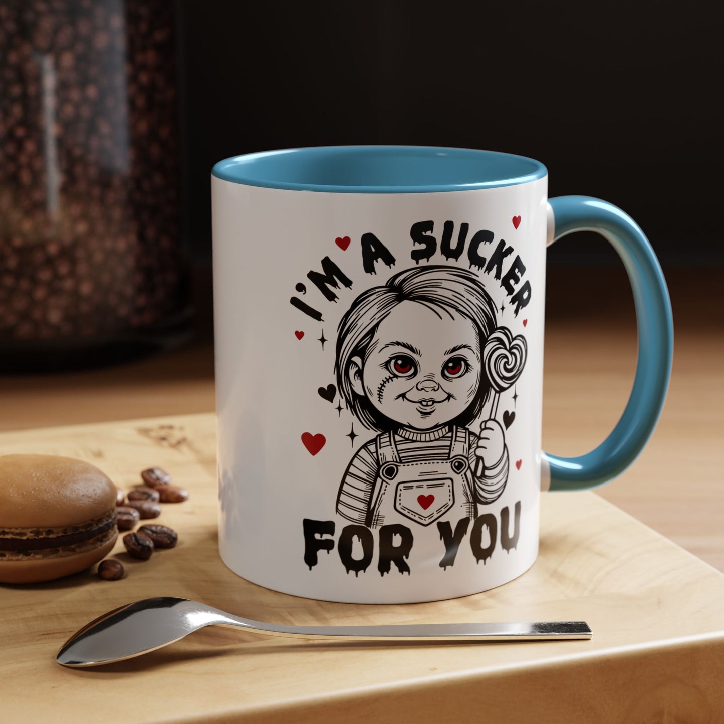 Coffee Mug — "I'm a Sucker For You" Cute Creepy Doll Valentine Accent Mug