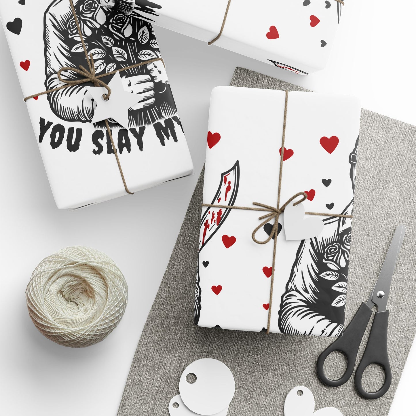Horror Valentine Wrapping Paper — "You Slay My Heart" Pattern