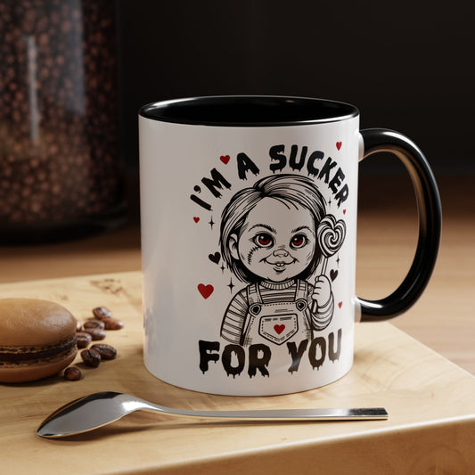Coffee Mug — "I'm a Sucker For You" Cute Creepy Doll Valentine Accent Mug