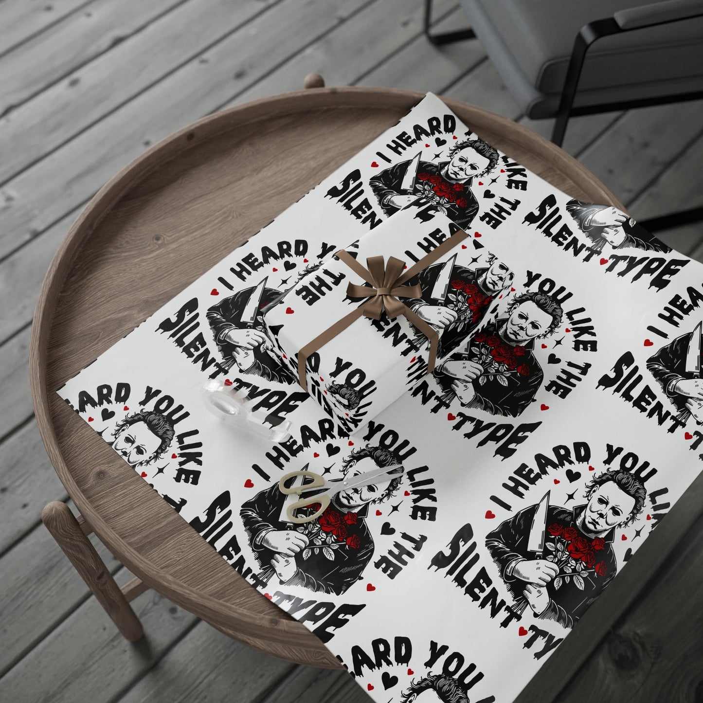 Horror Movie Wrapping Paper — “I Heard You Like the Silent Type” Pattern