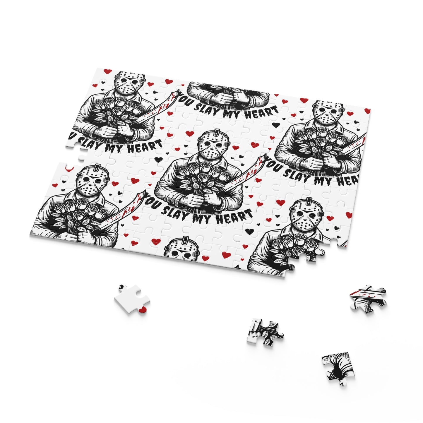 Horror Valentine Puzzle — “You Slay My Heart” Jason Mask Jigsaw (120/252/500 pc)