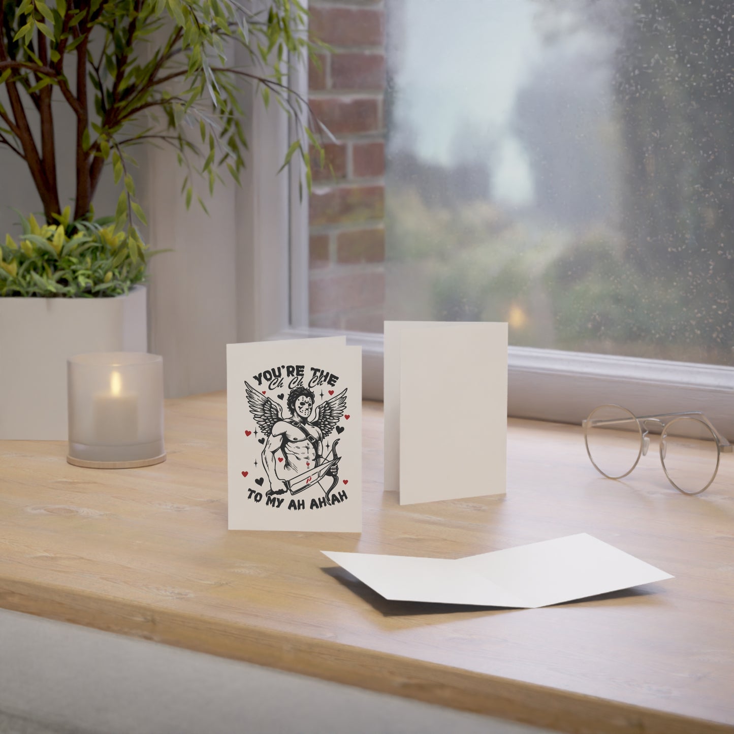 Greeting Card — Funny Horror Cupid Design “You’re the Ch Ch Ch to My Ah Ah Ah” — Valentine’s Day Love Card